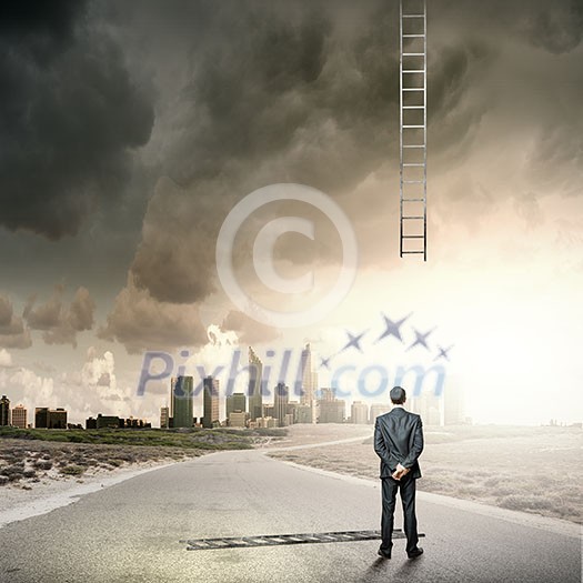 Rear view of businessman looking at broken ladder Rear view of businessman looking at broken ladder
