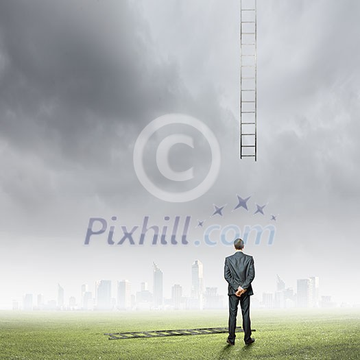 Rear view of businessman looking at broken ladder Rear view of businessman looking at broken ladder