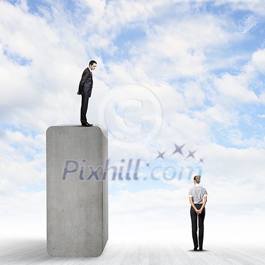 Conceptual image of businessman standing on bar and looking down at woman Conceptual image of businessman standing on bar and looking down at woman