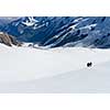 Group of people walking among snows of New Zealand Alps