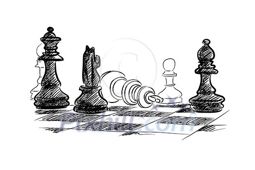 Conceptual sketch image with chess pieces on white background