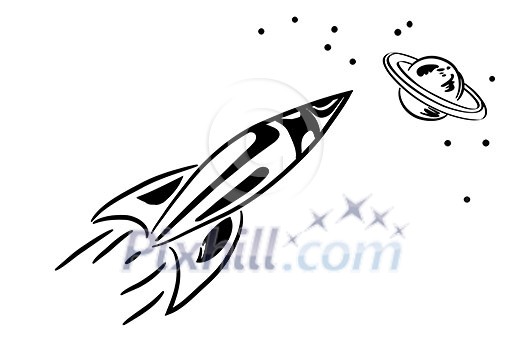 Sketch of flying rocket on white backdrop