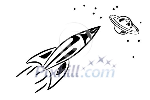 Sketch of flying rocket on white backdrop Sketch of flying rocket on white backdrop