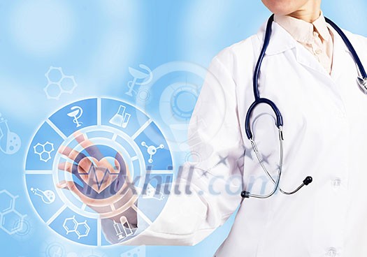 Close up of woman doctor touching icon of media screen
