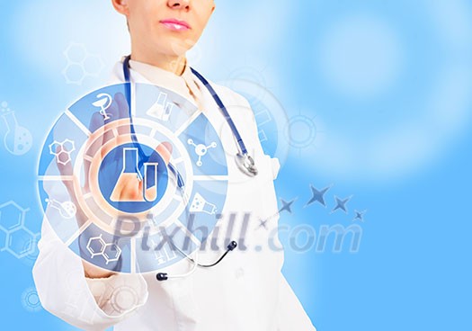 Close up of woman doctor touching icon of media screen Close up of woman doctor touching icon of media screen