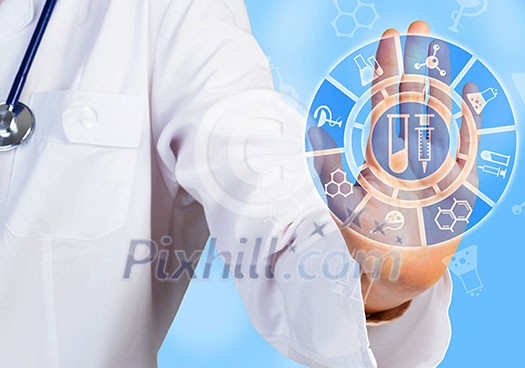 Close up of woman doctor touching icon of media screen Close up of woman doctor touching icon of media screen