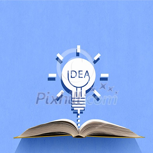 Opened book and idea light bulb on pages