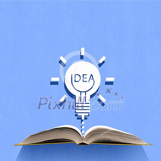 Opened book and idea light bulb on pages Opened book and idea light bulb on pages