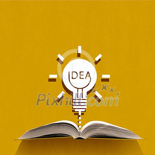 Opened book and idea light bulb on pages Opened book and idea light bulb on pages