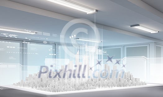 Conceptual image with construction model of buildings on table Conceptual image with construction model of buildings on table