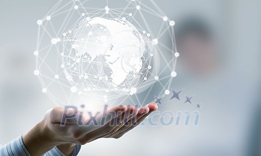 Global connection concept with digital planet in hands Global connection concept with digital planet in hands