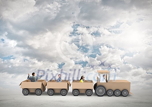 Business people riding carton train. Teamwork concept Business people riding carton train. Teamwork concept