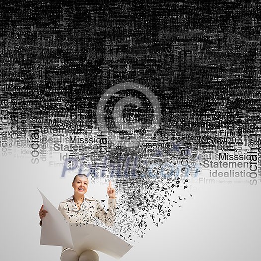 Portrait of young businesswoman in white suit reading blank newspaper Portrait of young businesswoman in white suit reading blank newspaper