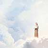 Young lady standing on cloud and using laptop