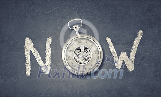 Conceptual image with word now and pocket watch instead of letter