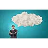 Middle aged businessman and white blank cloud above his head