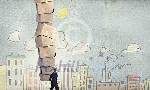 Businessman carrying big stack of carton boxes Businessman carrying big stack of carton boxes