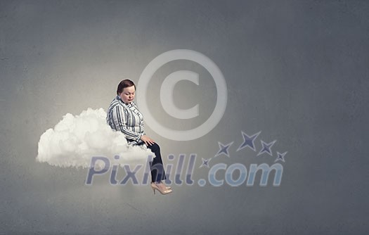 Plus size woman in casual sitting on cloud