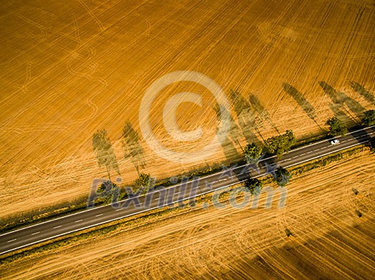 Aerial view of a country road amid fields with a car on it