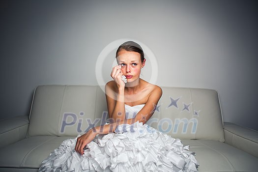 Sad bride crying, smitten, feeling low and depressed