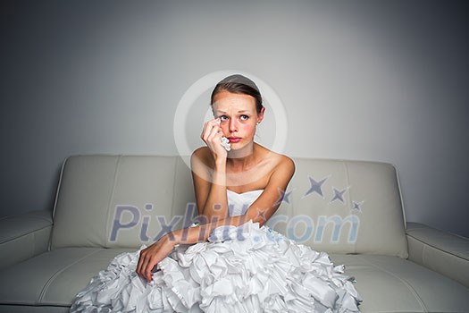 Sad bride crying, smitten, feeling low and depressed Sad bride crying, smitten, feeling low and depressed