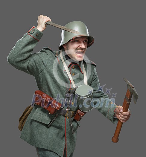 German infantryman during the first world war. Isolated on gray. German infantryman during the first world war. Isolated on gray.