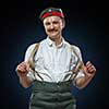 Happy man in suspenders. German soldiers of the First World War. WWI.