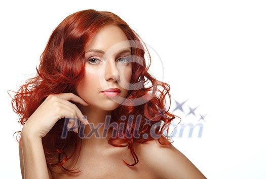 Long Curly Red Hair. Fashion Woman Portrait. Beauty Model Girl with Luxurious Hair and Make up.