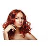 Long Curly Red Hair. Fashion Woman Portrait. Beauty Model Girl with Luxurious Hair and Make up.