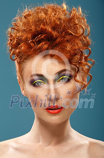 Red-haired. Portrait of beautiful girl with colour bright makeup. Ginger with freckles. Red-haired. Portrait of beautiful girl with colour bright makeup. Ginger with freckles.