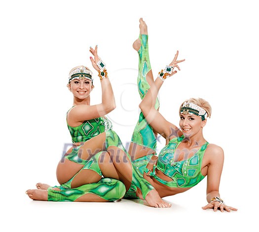 Women Couple of dancers, acrobats. Isolated on white. Women Couple of dancers, acrobats. Isolated on white.