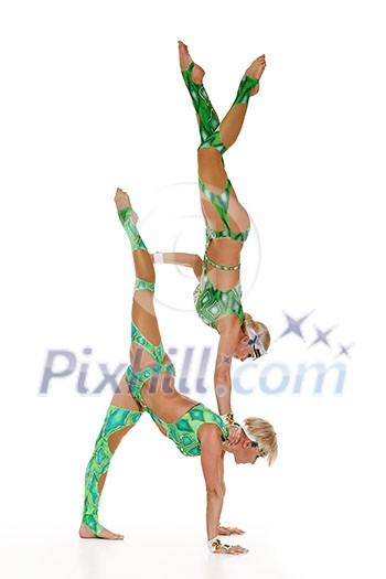 Women Couple of dancers, acrobats. Isolated on white. Women Couple of dancers, acrobats. Isolated on white.