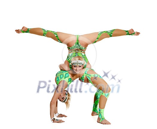 Women Couple of dancers, acrobats. Isolated on white. Women Couple of dancers, acrobats. Isolated on white.