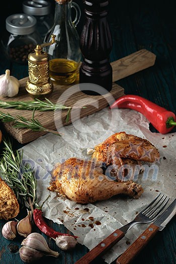 Roasted chicken leg and wing with spices and herbs on a wooden table. Tasty food. Rustic style.