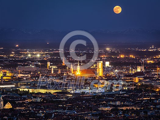 Night aerial view of Munich from Olympiaturm (Olympic Tower). Munich, Bavaria, Germany