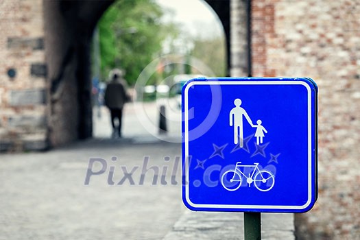 Pedestrian and bicycle zone sign in European town Pedestrian and bicycle zone sign in European town