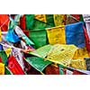 Tibetan Buddhism prayer flags (lungta) with prayer mantra Om mani padme hum in tibetan language. Leh, Ladakh, Jammu and Kashmir, India