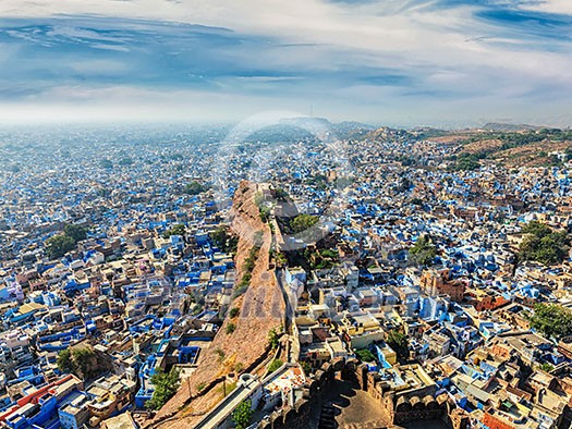 Aerial view of Jodhpur, also known as Blue City due to the vivid blue-painted Brahmin houses around Mehrangarh Fort. Jodphur, Rajasthan