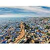 Aerial view of Jodhpur, also known as Blue City due to the vivid blue-painted Brahmin houses around Mehrangarh Fort. Jodphur, Rajasthan