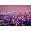 Aerial view of Jodhpur (aka Blue City due to the vivid blue-painted Brahmin houses around Mehrangarh Fort) in the evening twilight. Jodphur, Rajasthan