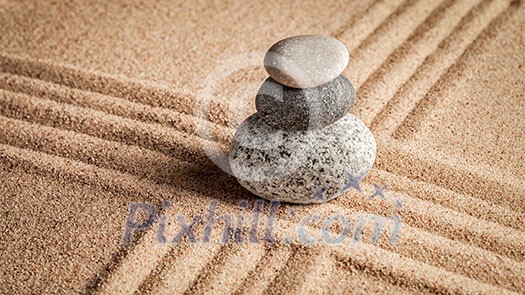 Japanese Zen stone garden - relaxation, meditation, simplicity and balance concept - panorama of pebbles and raked sand tranquil calm scene Japanese Zen stone garden - relaxation, meditation, simplicity and balance concept - panorama of pebbles and raked sand tranquil calm scene