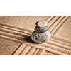 Japanese Zen stone garden - relaxation, meditation, simplicity and balance concept  - panorama of pebbles and raked sand tranquil calm scene