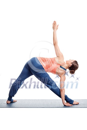 Sporty fit woman practices Ashtanga Vinyasa yoga asana utthita trikonasana - extended triangle pose view from back isolated on white Sporty fit woman practices Ashtanga Vinyasa yoga asana utthita trikonasana - extended triangle pose view from back isolated on white