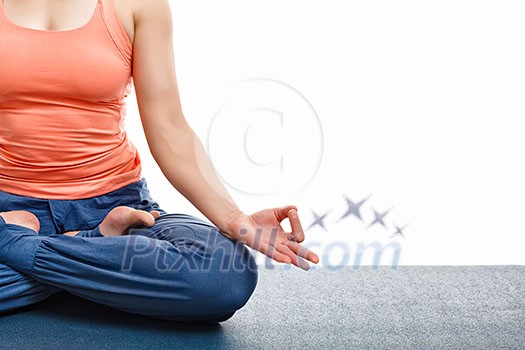 Close up of woman doing yoga asana Padmasana (Lotus pose) cross legged position for meditation with Chin Mudra - psychic gesture of consciousness. Isolated on white background with copyspace Close up of woman doing yoga asana Padmasana (Lotus pose) cross legged position for meditation with Chin Mudra - psychic gesture of consciousness. Isolated on white background with copyspace