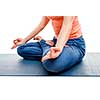 Close up of woman doing yoga asana Padmasana (Lotus pose) cross legged position for meditation with Chin Mudra (psychic gesture of consciousness). Isolated on white background