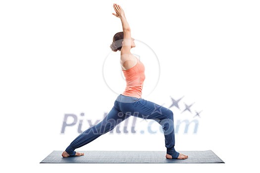 Beautiful sporty fit yogini woman practices yoga asana Virabhadrasana 1 - warrior pose 1 isolated on white Beautiful sporty fit yogini woman practices yoga asana Virabhadrasana 1 - warrior pose 1 isolated on white