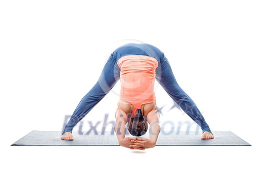 Beautiful sporty fit woman practices Ashtanga Vinyasa yoga asana Prasarita padottanasana C - wide legged forward bend C isolated on white background Beautiful sporty fit woman practices Ashtanga Vinyasa yoga asana Prasarita padottanasana C - wide legged forward bend C isolated on white background