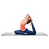 Sporty fit yogini woman doing yoga asana Eka pada kapotasana - one-legged pigeon pose isolated on white