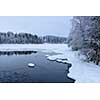 Northern lake scenery in february with snow and ice