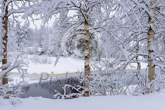 Northern river scenery in february with snow and ice